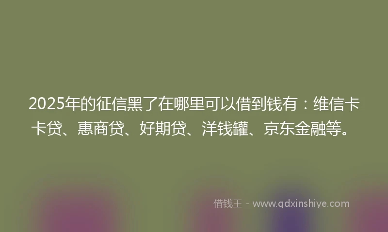 2025年的征信黑了在哪里可以借到钱有：维信卡卡贷、惠商贷、好期贷、洋钱罐、京东金融等。