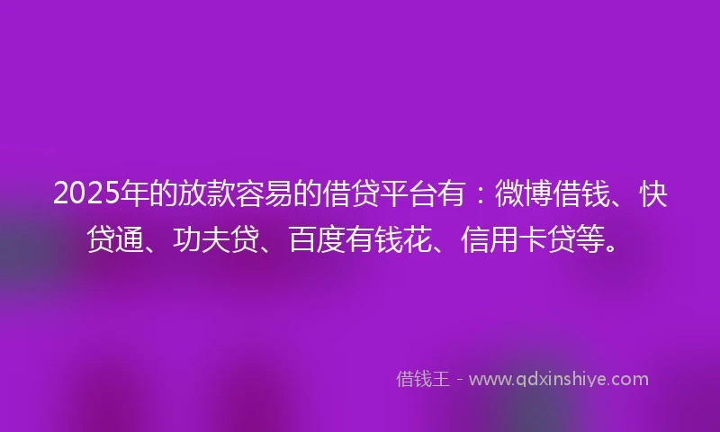 2025年的放款容易的借贷平台有：微博借钱、快贷通、功夫贷、百度有钱花、信用卡贷等。