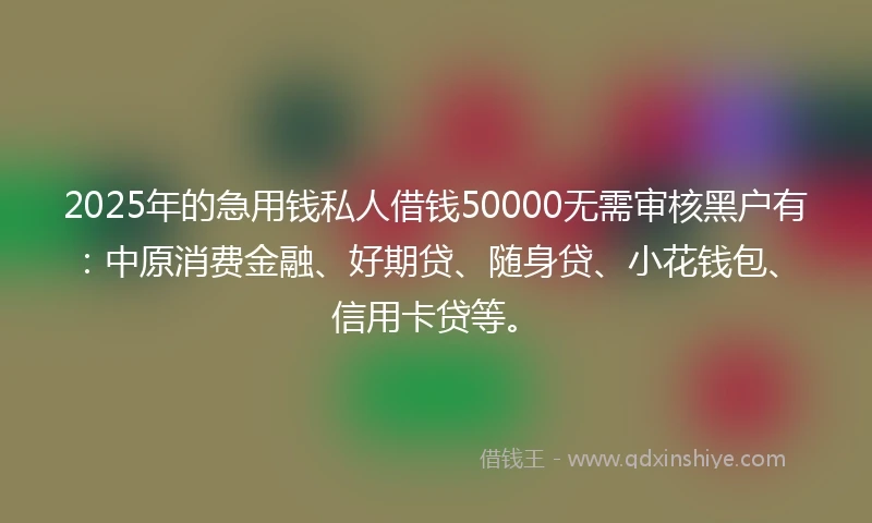 2025年的急用钱私人借钱50000无需审核黑户有：中原消费金融、好期贷、随身贷、小花钱包、信用卡贷等。