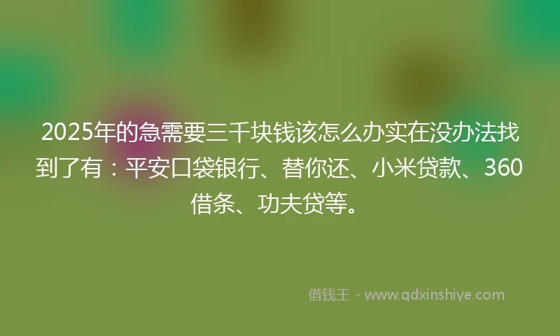 2025年的急需要三千块钱该怎么办实在没办法找到了有：平安口袋银行、替你还、小米贷款、360借条、功夫贷等。