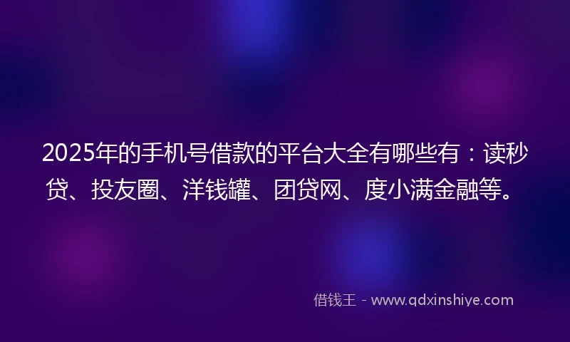 2025年的手机号借款的平台大全有哪些有：读秒贷、投友圈、洋钱罐、团贷网、度小满金融等。