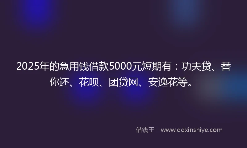 2025年的急用钱借款5000元短期有：功夫贷、替你还、花呗、团贷网、安逸花等。