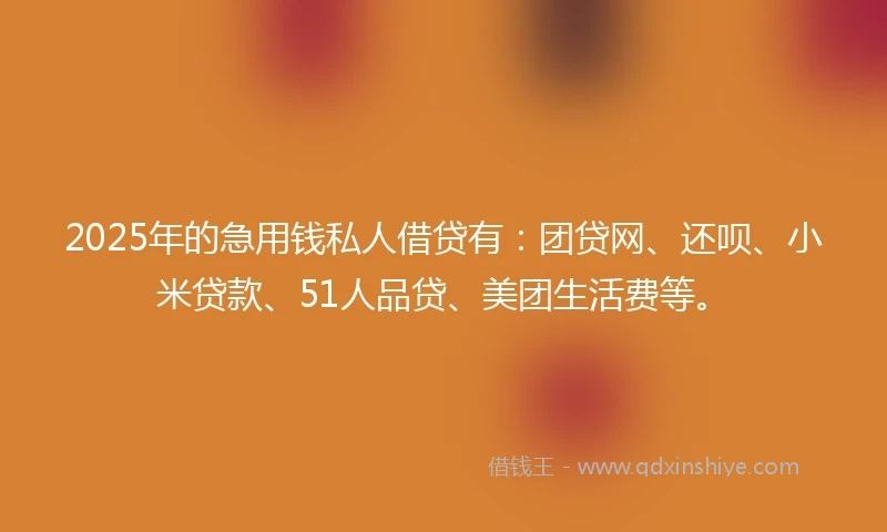 2025年的急用钱私人借贷有：团贷网、还呗、小米贷款、51人品贷、美团生活费等。