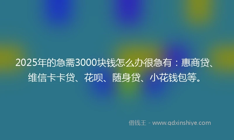2025年的急需3000块钱怎么办很急有：惠商贷、维信卡卡贷、花呗、随身贷、小花钱包等。