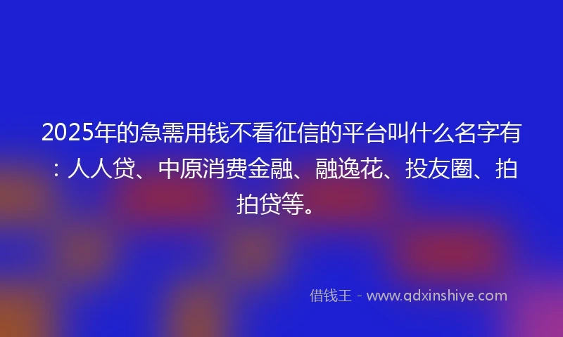2025年的急需用钱不看征信的平台叫什么名字有：人人贷、中原消费金融、融逸花、投友圈、拍拍贷等。
