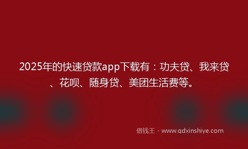 2025年的快速贷款app下载有：功夫贷、我来贷、花呗、随身贷、美团生活费等。