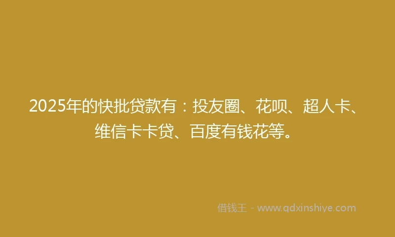 2025年的快批贷款有：投友圈、花呗、超人卡、维信卡卡贷、百度有钱花等。
