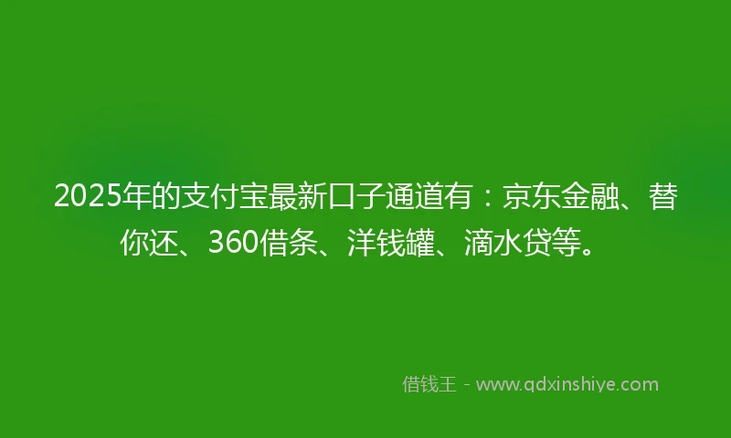 2025年的支付宝最新口子通道有：京东金融、替你还、360借条、洋钱罐、滴水贷等。