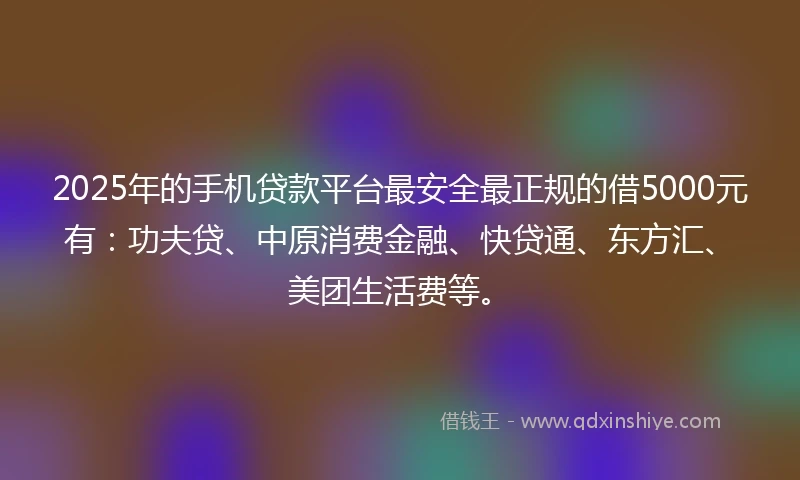 2025年的手机贷款平台最安全最正规的借5000元有：功夫贷、中原消费金融、快贷通、东方汇、美团生活费等。