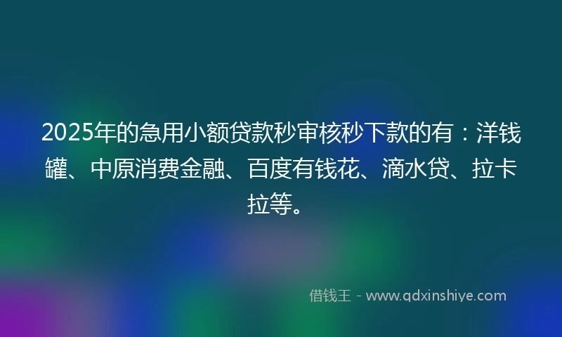 2025年的急用小额贷款秒审核秒下款的有：洋钱罐、中原消费金融、百度有钱花、滴水贷、拉卡拉等。