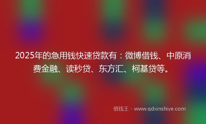 2025年的急用钱快速贷款有：微博借钱、中原消费金融、读秒贷、东方汇、柯基贷等。