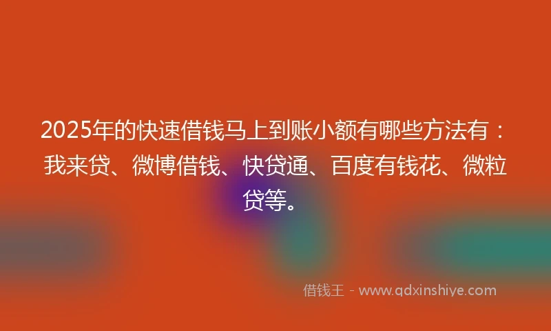 2025年的快速借钱马上到账小额有哪些方法有：我来贷、微博借钱、快贷通、百度有钱花、微粒贷等。