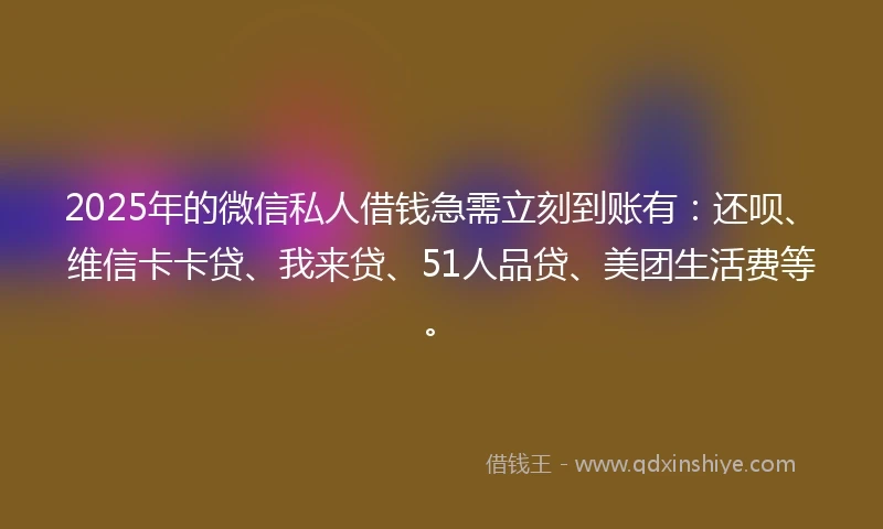 2025年的微信私人借钱急需立刻到账有：还呗、维信卡卡贷、我来贷、51人品贷、美团生活费等。
