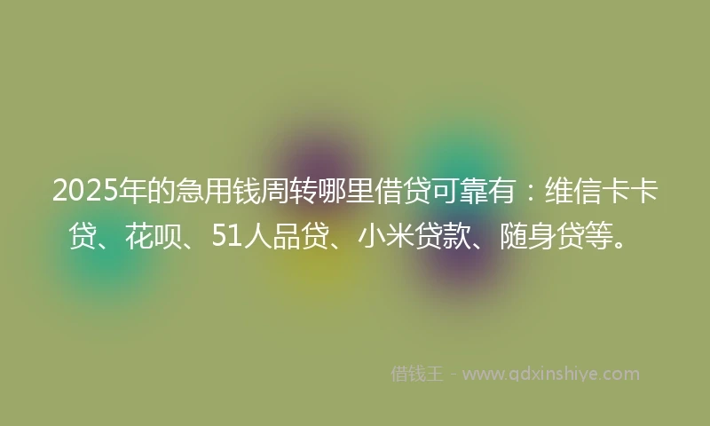2025年的急用钱周转哪里借贷可靠有：维信卡卡贷、花呗、51人品贷、小米贷款、随身贷等。