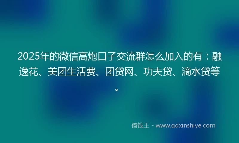 2025年的微信高炮口子交流群怎么加入的有：融逸花、美团生活费、团贷网、功夫贷、滴水贷等。