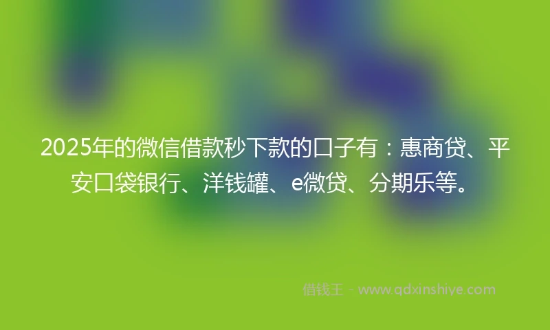 2025年的微信借款秒下款的口子有：惠商贷、平安口袋银行、洋钱罐、e微贷、分期乐等。