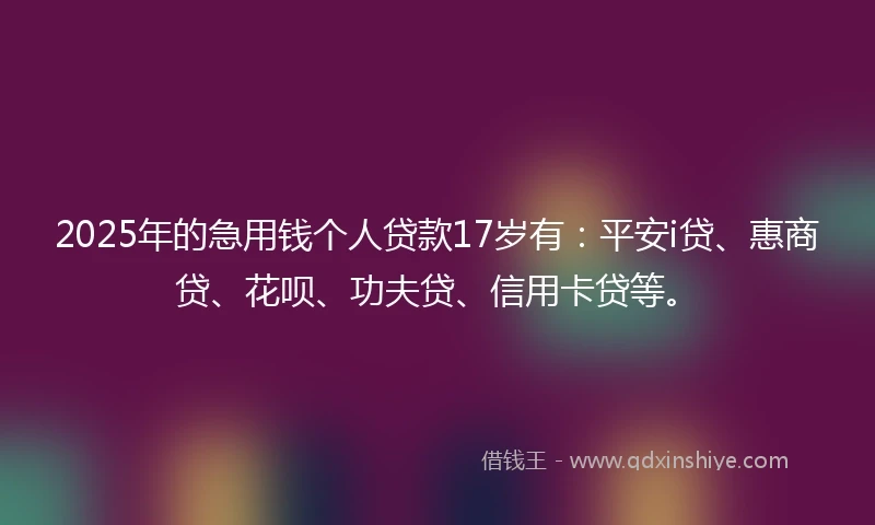 2025年的急用钱个人贷款17岁有：平安i贷、惠商贷、花呗、功夫贷、信用卡贷等。