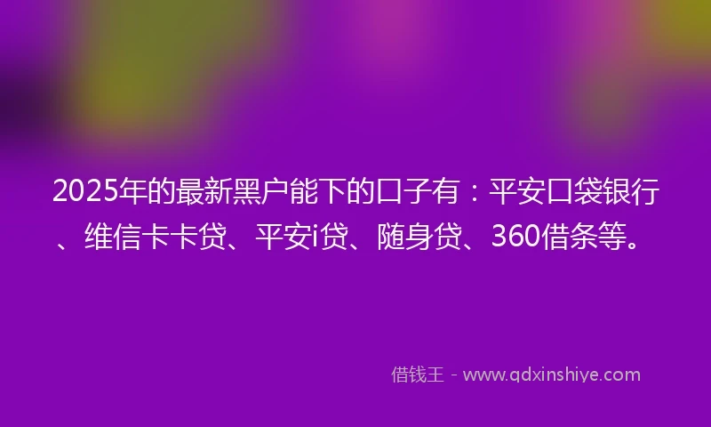 2025年的最新黑户能下的口子有：平安口袋银行、维信卡卡贷、平安i贷、随身贷、360借条等。