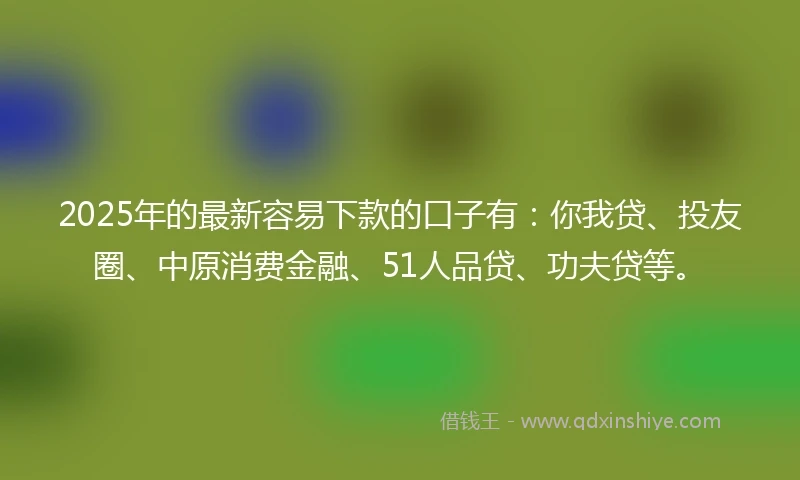 2025年的最新容易下款的口子有:你我贷、投友圈、中原消费金融、51人品贷、功夫贷等。