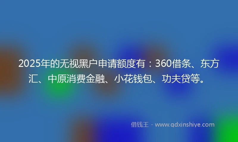 2025年的无视黑户申请额度有:360借条、东方汇、中原消费金融、小花钱包、功夫贷等。