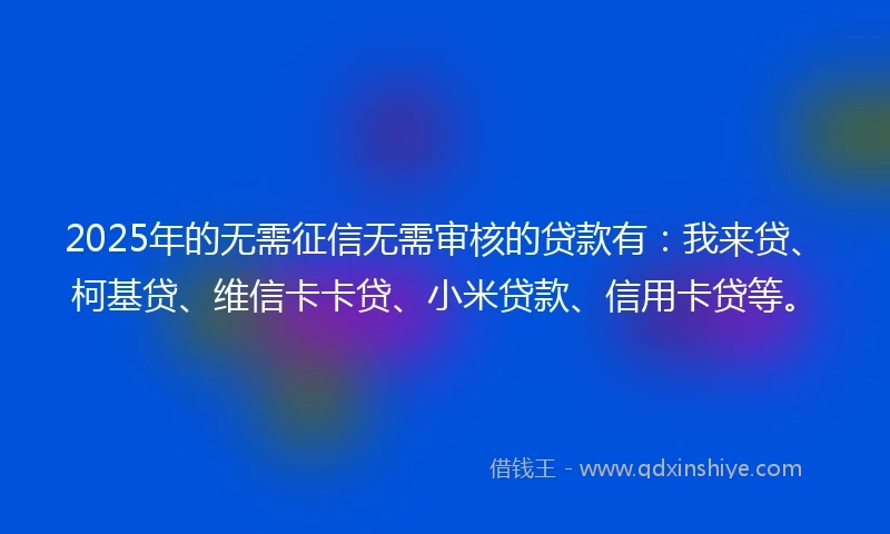 2025年的无需征信无需审核的贷款有：我来贷、柯基贷、维信卡卡贷、小米贷款、信用卡贷等。