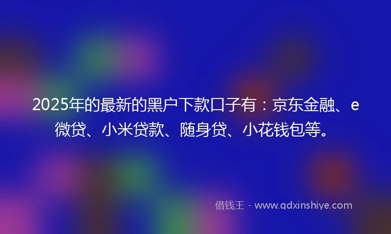 2025年的最新的黑户下款口子有：京东金融、e微贷、小米贷款、随身贷、小花钱包等。