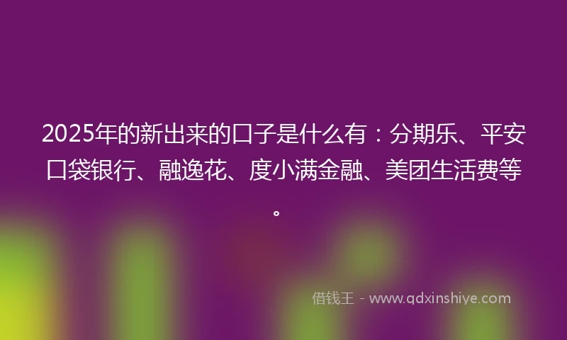 2025年的新出来的口子是什么有：分期乐、平安口袋银行、融逸花、度小满金融、美团生活费等。