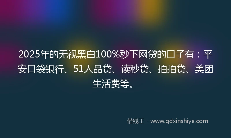 2025年的无视黑白100%秒下网贷的口子有：平安口袋银行、51人品贷、读秒贷、拍拍贷、美团生活费等。