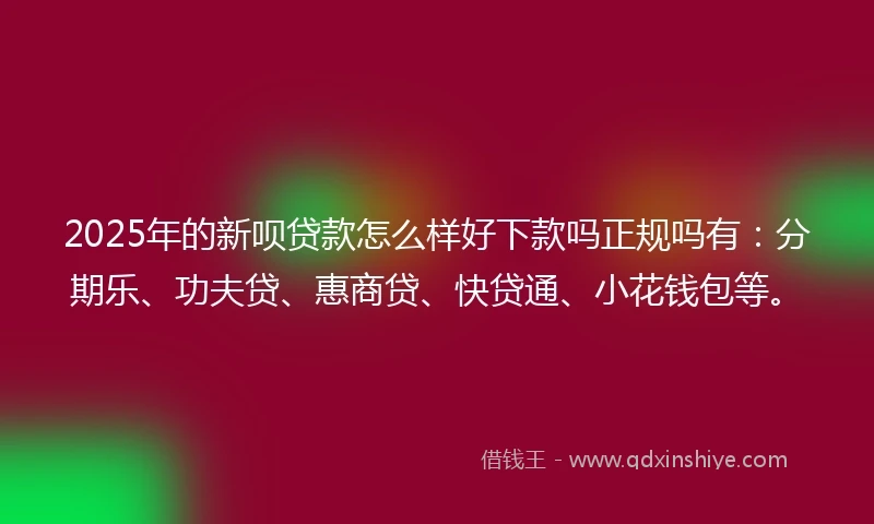 2025年的新呗贷款怎么样好下款吗正规吗有：分期乐、功夫贷、惠商贷、快贷通、小花钱包等。