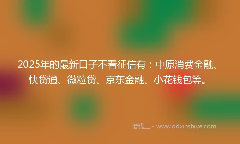 2025年的最新口子不看征信有：中原消费金融、快贷通、微粒贷、京东金融、小花钱包等。