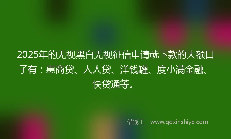 2025年的无视黑白无视征信申请就下款的大额口子有：惠商贷、人人贷、洋钱罐、度小满金融、快贷通等。