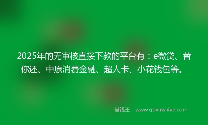 2025年的无审核直接下款的平台有：e微贷、替你还、中原消费金融、超人卡、小花钱包等。
