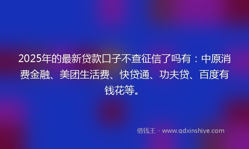 2025年的最新贷款口子不查征信了吗有：中原消费金融、美团生活费、快贷通、功夫贷、百度有钱花等。