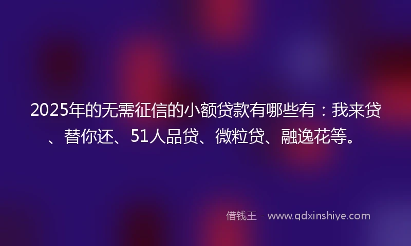 2025年的无需征信的小额贷款有哪些有：我来贷、替你还、51人品贷、微粒贷、融逸花等。