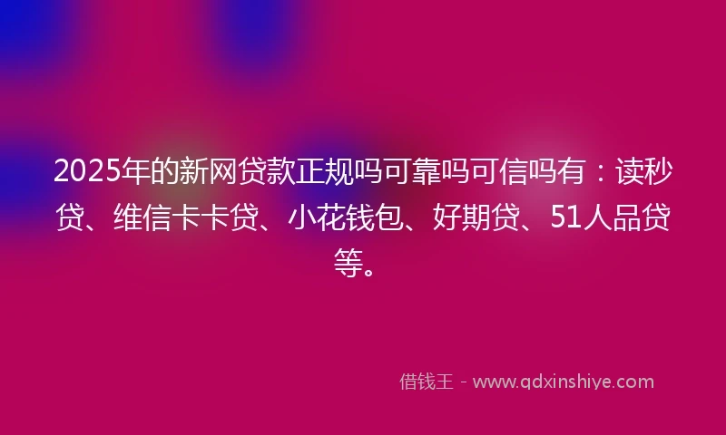 2025年的新网贷款正规吗可靠吗可信吗有：读秒贷、维信卡卡贷、小花钱包、好期贷、51人品贷等。