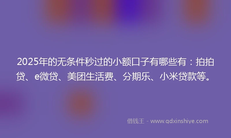 2025年的无条件秒过的小额口子有哪些有：拍拍贷、e微贷、美团生活费、分期乐、小米贷款等。