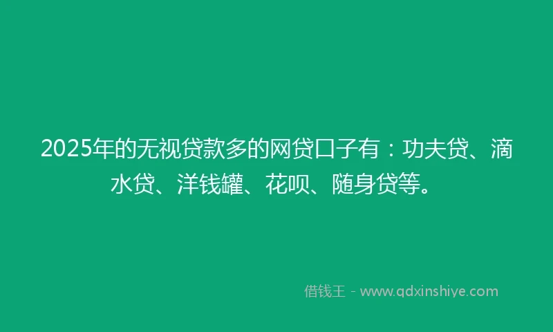 2025年的无视贷款多的网贷口子有：功夫贷、滴水贷、洋钱罐、花呗、随身贷等。