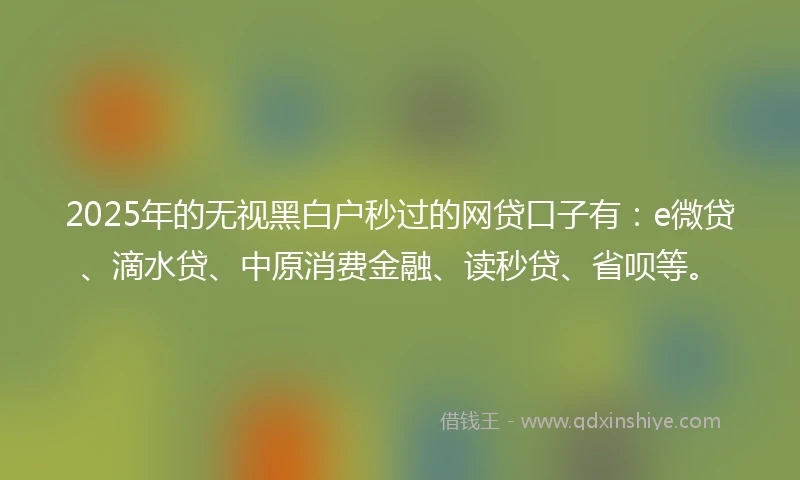 2025年的无视黑白户秒过的网贷口子有：e微贷、滴水贷、中原消费金融、读秒贷、省呗等。
