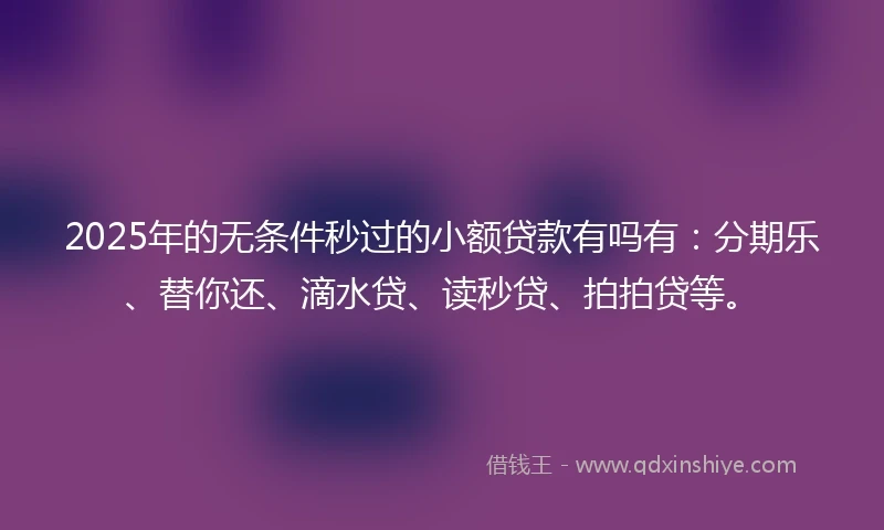 2025年的无条件秒过的小额贷款有吗有：分期乐、替你还、滴水贷、读秒贷、拍拍贷等。