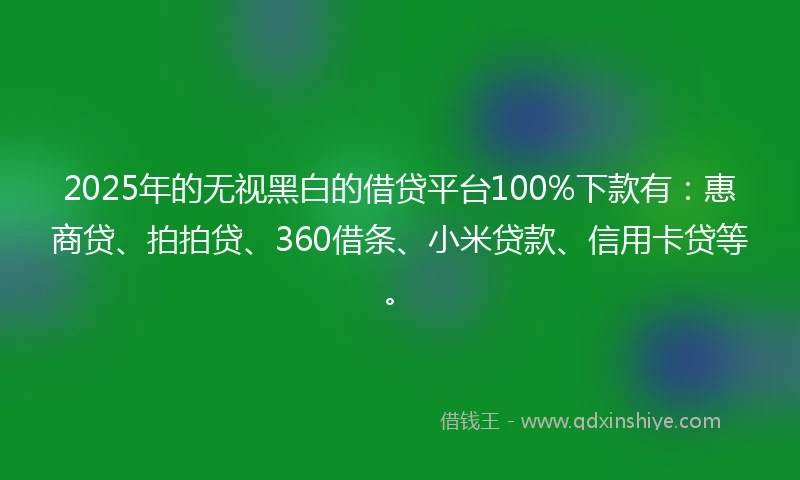2025年的无视黑白的借贷平台100%下款有:惠商贷、拍拍贷、360借条、小米贷款、信用卡贷等。