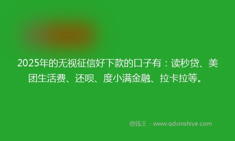 2025年的无视征信好下款的口子有：读秒贷、美团生活费、还呗、度小满金融、拉卡拉等。