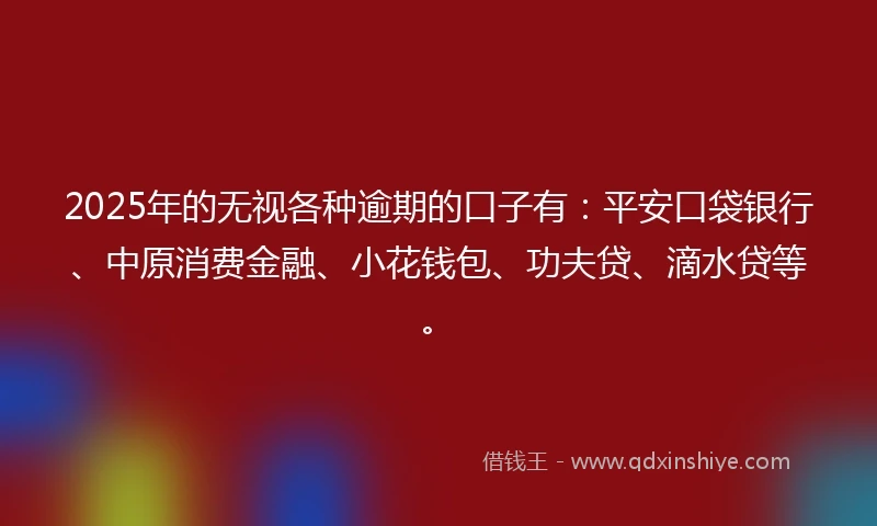 2025年的无视各种逾期的口子有：平安口袋银行、中原消费金融、小花钱包、功夫贷、滴水贷等。