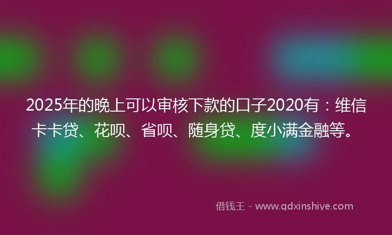 2025年的晚上可以审核下款的口子2020有：维信卡卡贷、花呗、省呗、随身贷、度小满金融等。