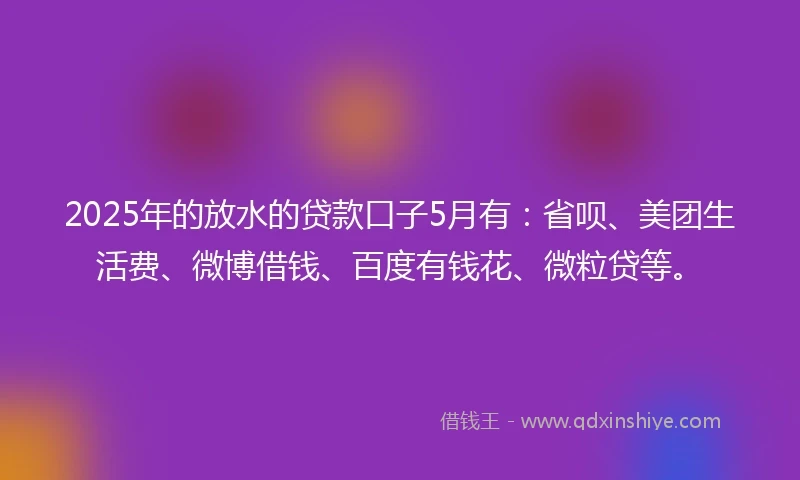 2025年的放水的贷款口子5月有:省呗、美团生活费、微博借钱、百度有钱花、微粒贷等。