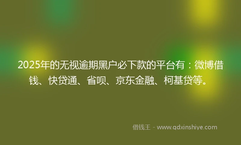 2025年的无视逾期黑户必下款的平台有：微博借钱、快贷通、省呗、京东金融、柯基贷等。