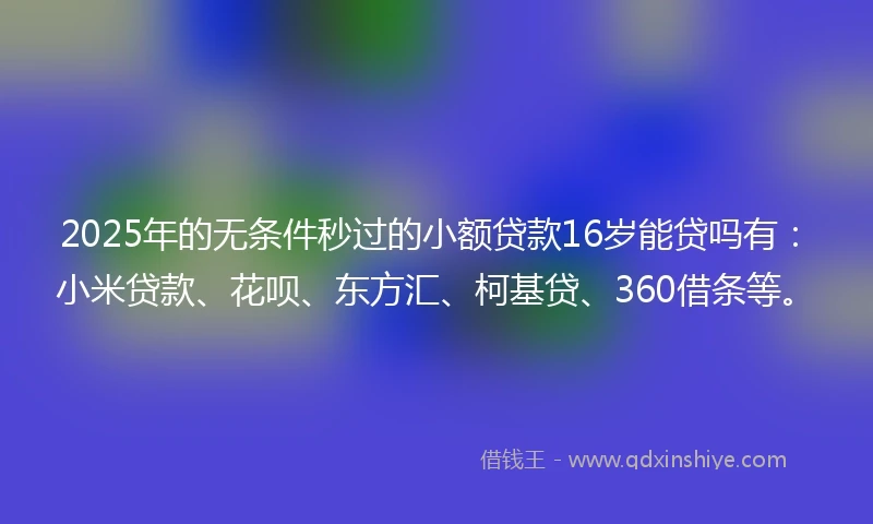 2025年的无条件秒过的小额贷款16岁能贷吗有:小米贷款、花呗、东方汇、柯基贷、360借条等。