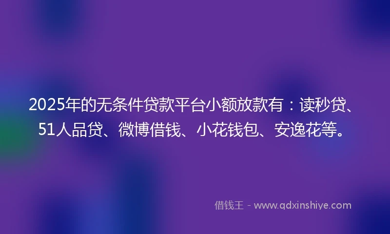 2025年的无条件贷款平台小额放款有：读秒贷、51人品贷、微博借钱、小花钱包、安逸花等。