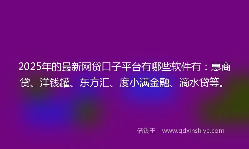 2025年的最新网贷口子平台有哪些软件有：惠商贷、洋钱罐、东方汇、度小满金融、滴水贷等。