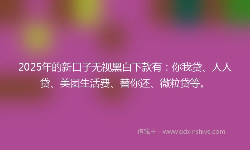2025年的新口子无视黑白下款有：你我贷、人人贷、美团生活费、替你还、微粒贷等。