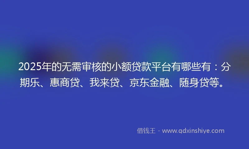 2025年的无需审核的小额贷款平台有哪些有：分期乐、惠商贷、我来贷、京东金融、随身贷等。